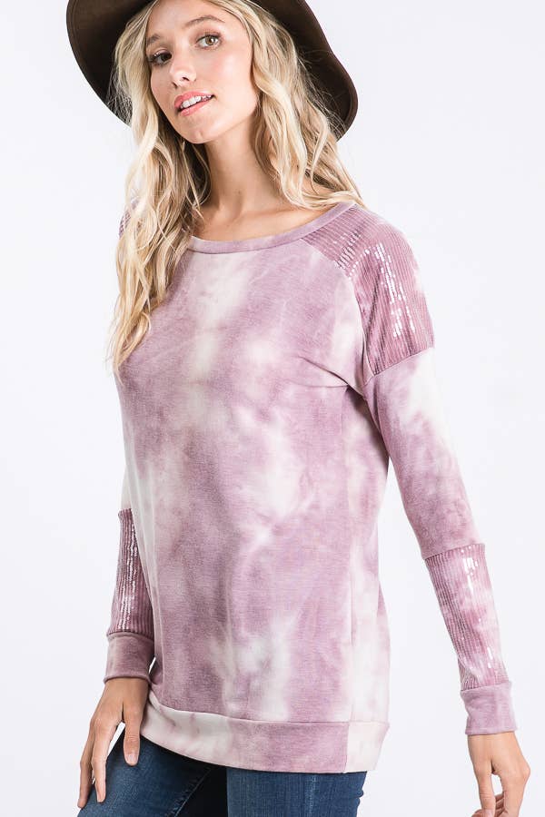 Tie Dye Sequin Contrast Top  Purple