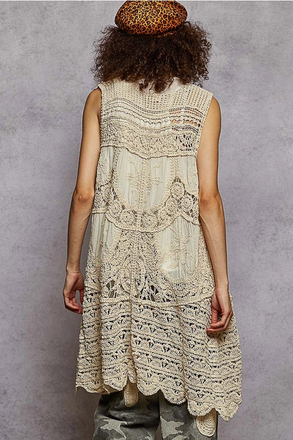 Sleeveless Varied Pattern Detail Crochet Open Cardigan