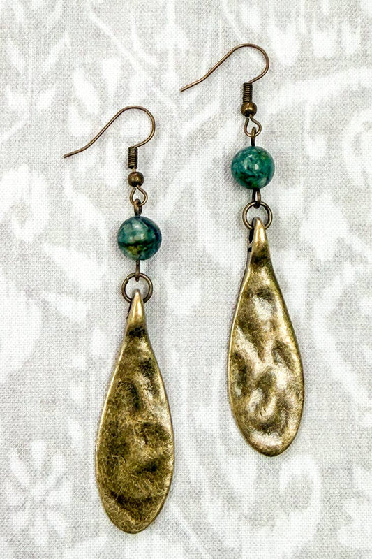Bronze fish hook earrings with a green African turquoise bead and a long hammered bronze drop