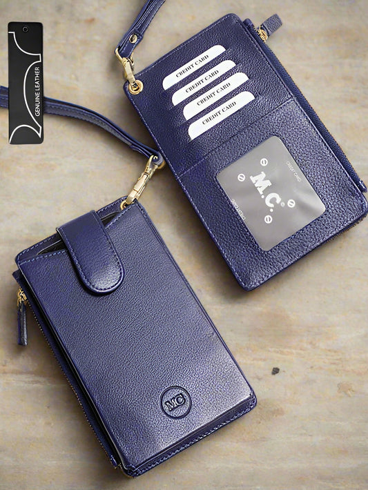 Genuine Leather Cellphone & Card Holder Wristlet - Blue