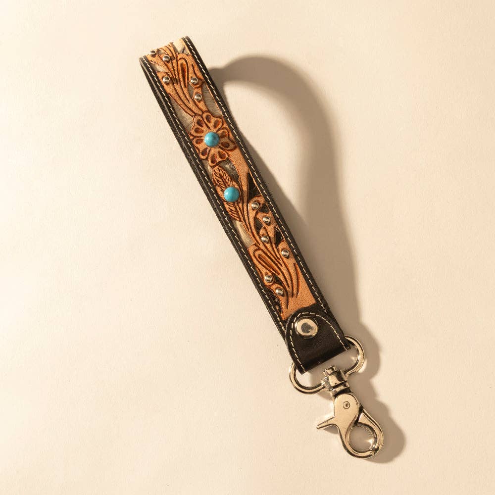 River Glen Handtooled Hairon Leather Key Fob Black/Brown/Turquoise