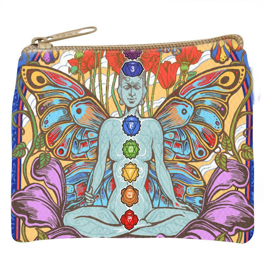 Zip coin purse printed with a figure seated in meditation, the seven chakra points marked in color and butterfly wings behind