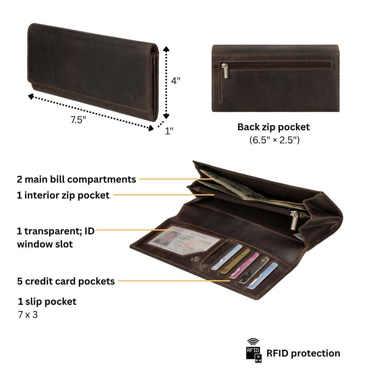 Charlotte Full-Grain Leather RFID Wallet - Women's, Brown, photo 7 of 8