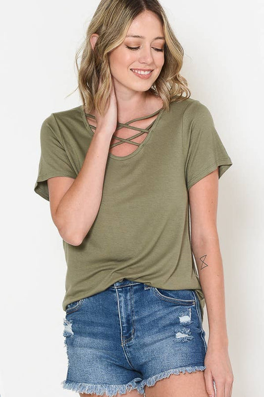 Criss Cross Short Sleeve Tunic Top - Olive, 95% rayon, 5% spandex
