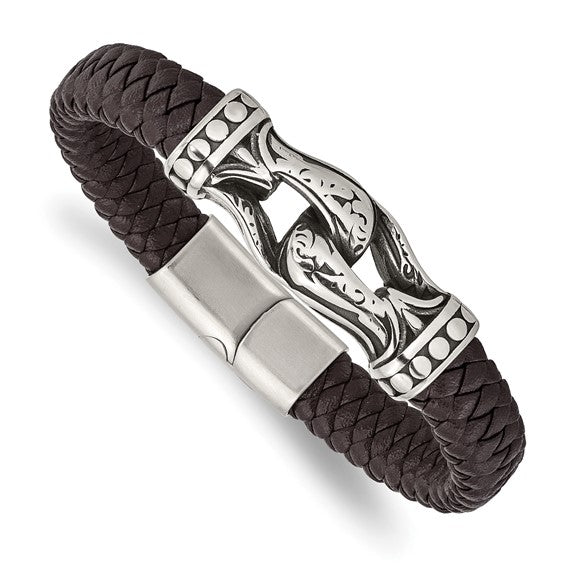 Stainless Steel & Braided Faux Leather Bracelet - Dark Brown, 8.5"
