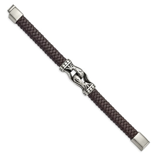 Stainless Steel & Braided Faux Leather Bracelet - Dark Brown, photo 2 of 3