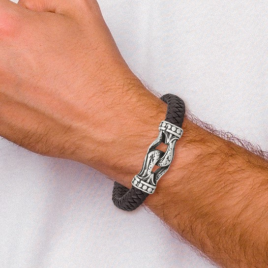 Stainless Steel & Braided Faux Leather Bracelet - Dark Brown, photo 3 of 3