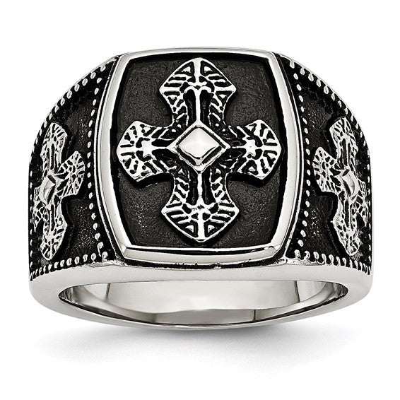 Chisel Stainless Steel Antiqued Polished and Textured Cross Ring - size 11