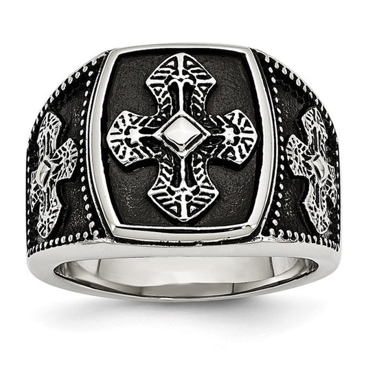 Chisel Stainless Steel Antiqued Polished and Textured Cross Ring - size 11