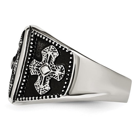 Chisel Stainless Steel Antiqued Polished and Textured Cross Ring, photo 2 of 3