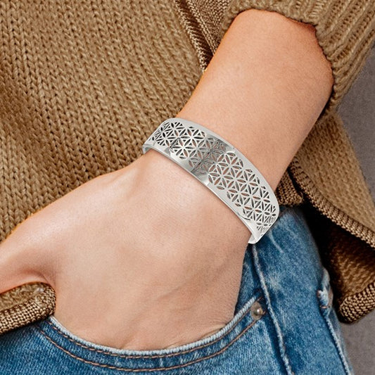 Chisel stainless steel flower cut-out hinged bangle (view 1)
