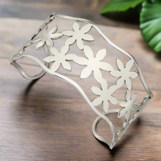 Stainless Steel Flowers Cuff Bangle - polished