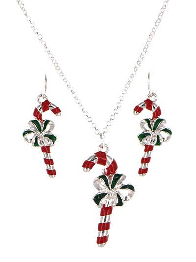 Candy cane pendant necklace and matching earrings set laid out