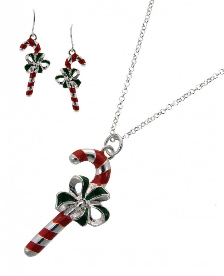 Close view of the candy cane necklace and earrings with green bows