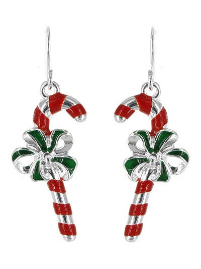 Red and white candy cane earrings with green bows