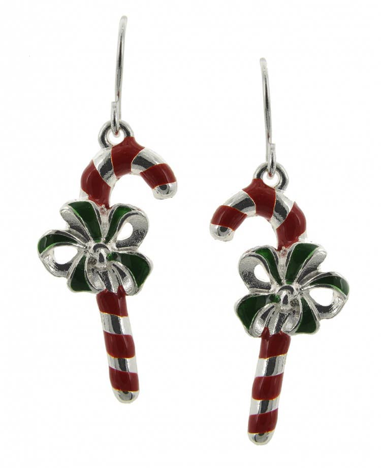 Candy cane ribbon earrings, angled view