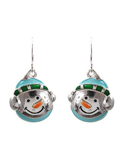 Snowman face earrings with green and teal hats on fish hooks