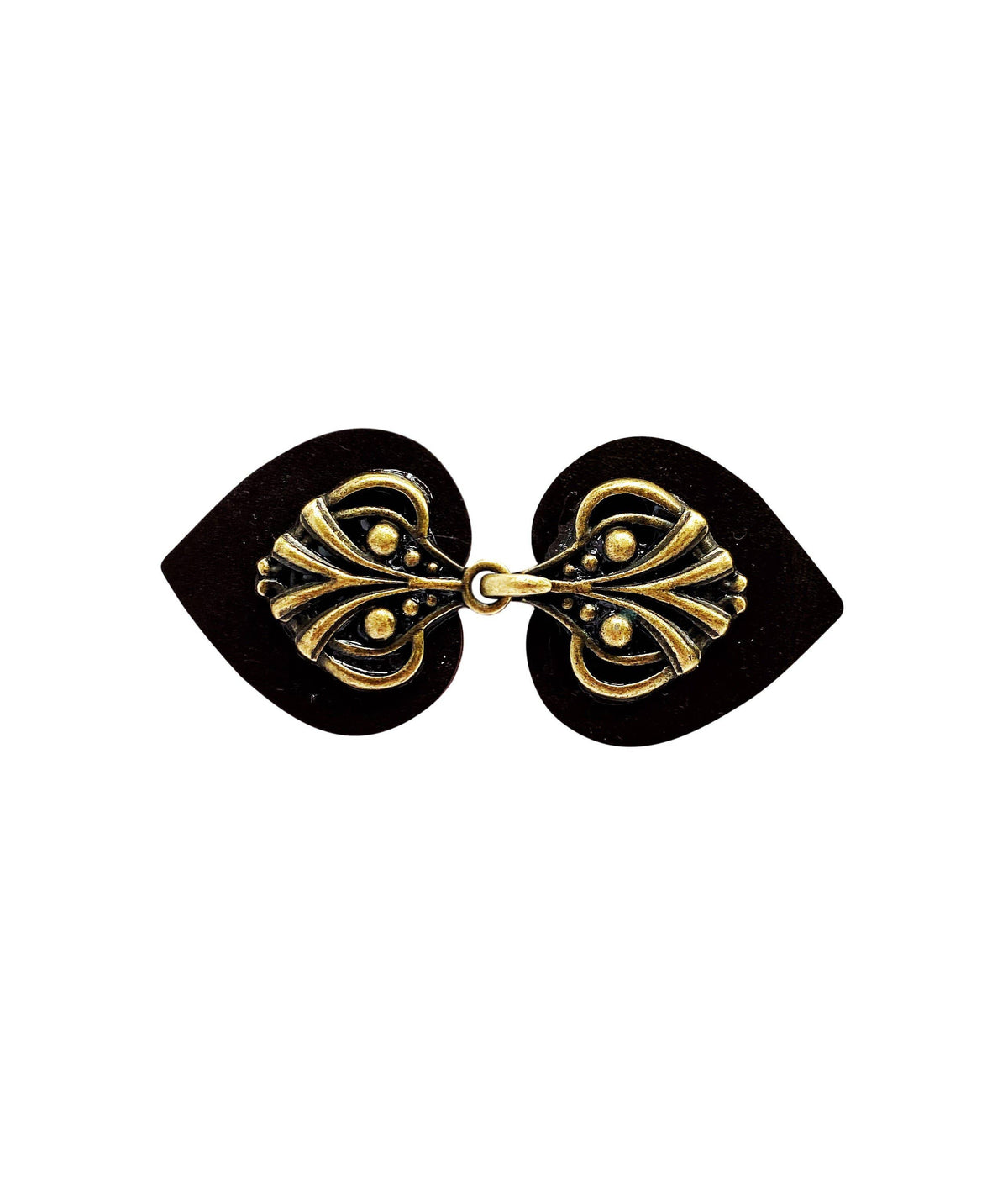 Black leather heart cinch clip with antique bronze filigree, closed, studio shot