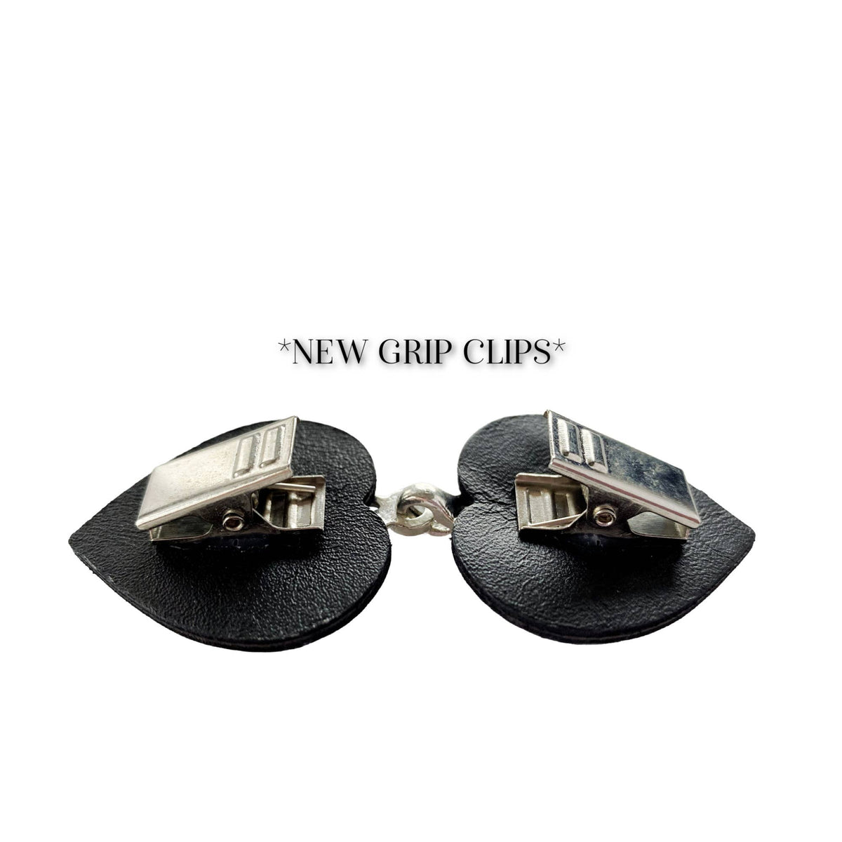 Grip-clip backing graphic: alligator clips on black leather tabs