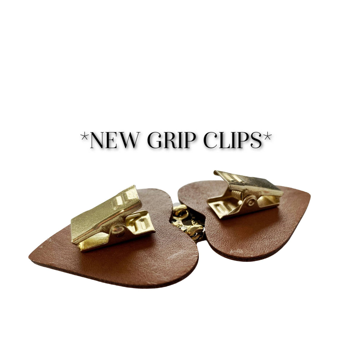 Grip-clip backing graphic: bronze alligator clips on dark brown leather tabs