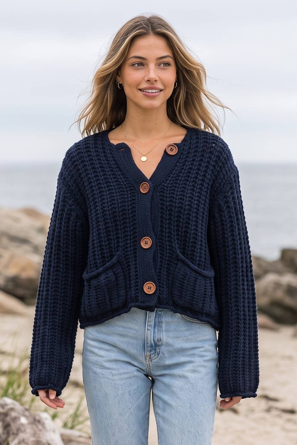 Model wearing the navy chunky knit cardigan with wood buttons and patch pockets at the beach