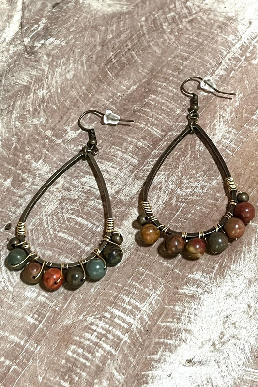 Cody bronze teardrop earrings wire-wrapped with autumn-toned natural stone beads