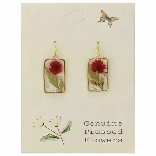 Rectangle drop earrings with cottage red dried flowers