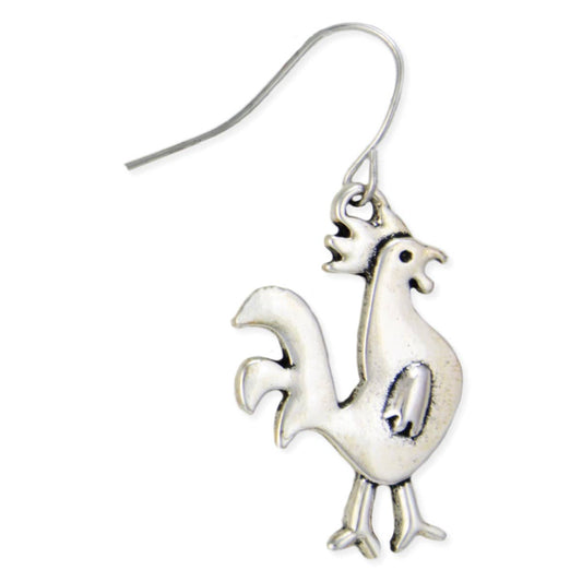 Single silver tone chicken earring on a fish hook wire