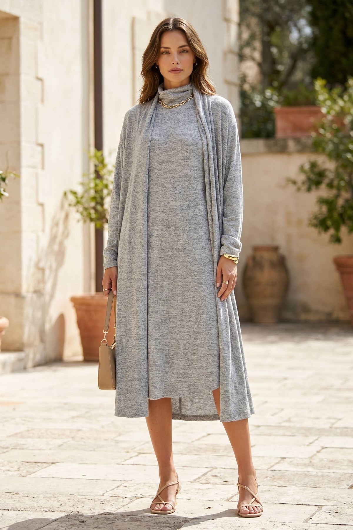 Dress and cardigan set shown in heather grey; this listing is charcoal black