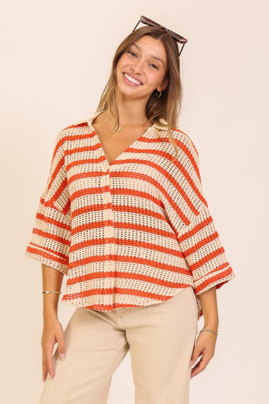 Crochet Knit Striped Button-Down Top - Cream & Orange, photo 2 of 4