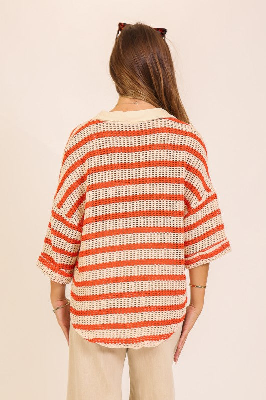 Crochet Knit Striped Button-Down Top - Cream & Orange, photo 3 of 4