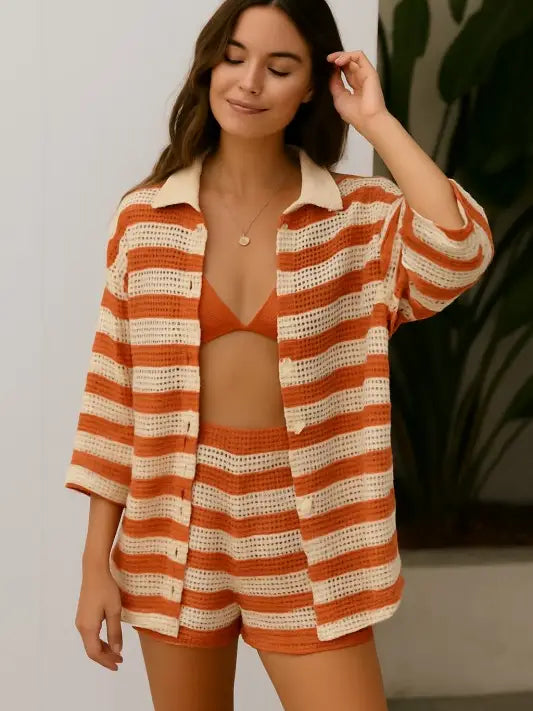 Crochet Knit Striped Button-Down Top - Cream & Orange, photo 4 of 4