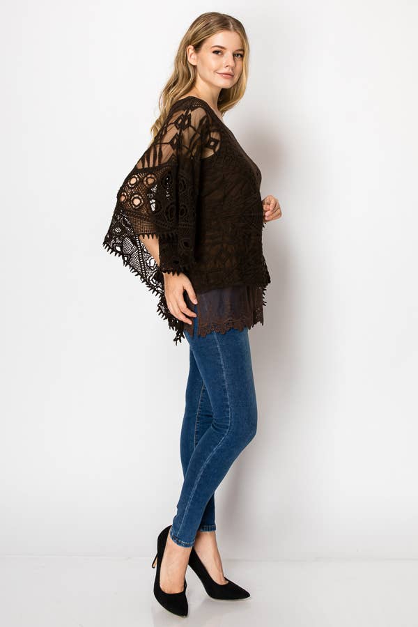 Side view of the brown crochet poncho top