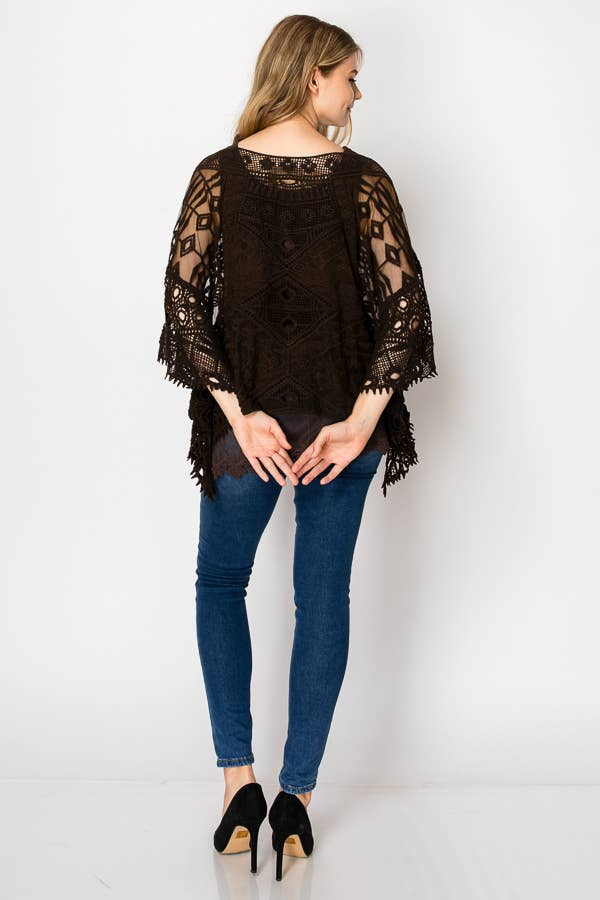 Back view of the brown crochet poncho top