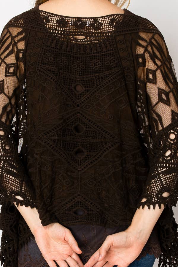 Close-up of the brown geometric crochet lace