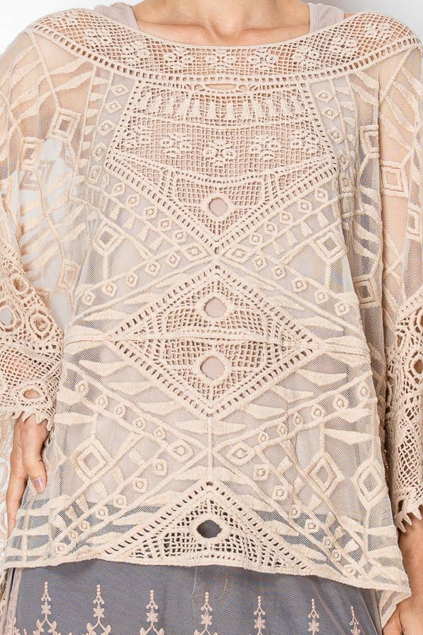 Close-up of the geometric crochet lace pattern