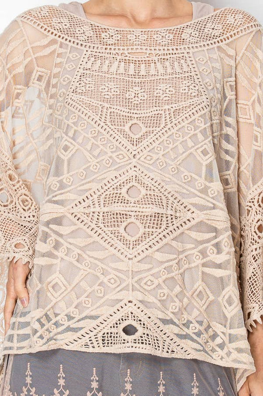 Close-up of the geometric crochet lace pattern