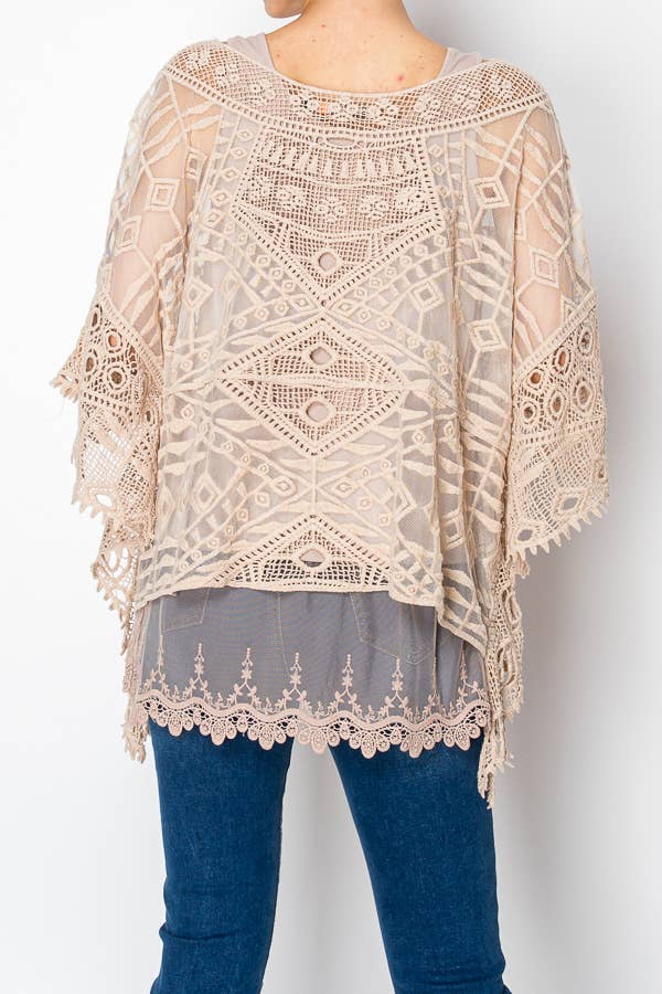 Back view of the taupe crochet poncho top
