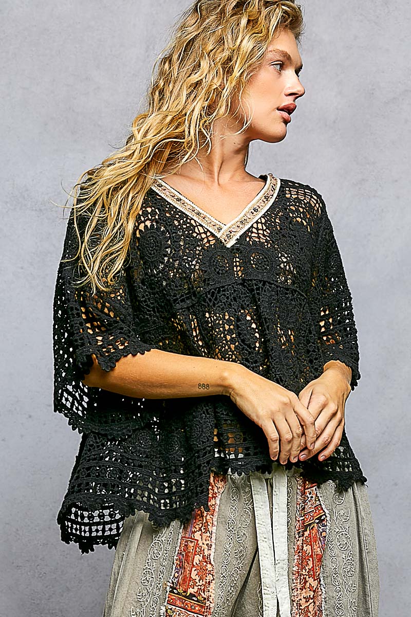 Black crochet top with beaded detail by Pol Clothing