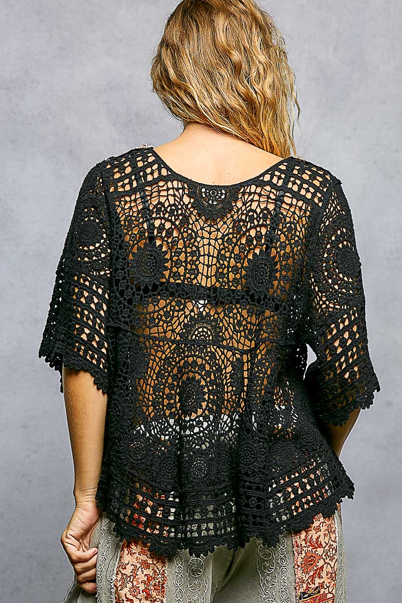 Black crochet top with beaded detail, photo 2 of 2