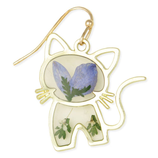 Single gold tone cat earring with blue pressed flowers inside a clear acrylic body