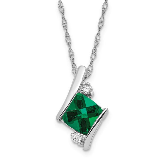 Cushion-cut emerald pendant with diamond accents in sterling silver on a cable chain