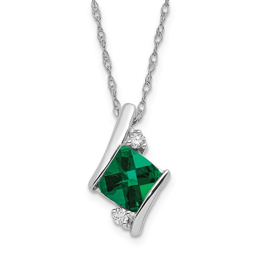 Cushion-cut emerald pendant with diamond accents in sterling silver on a cable chain