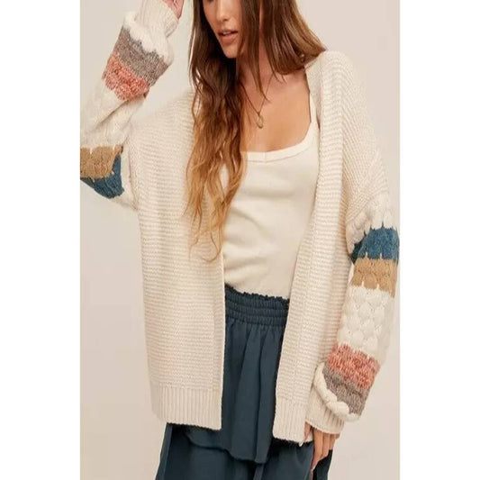 Open Front Crochet Sleeve Stripe Pattern Cardigan