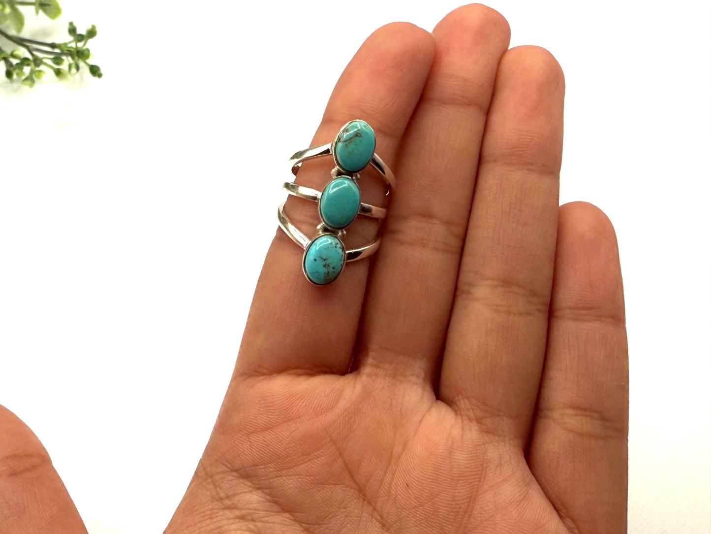 Turquoise 3 Stone Sterling Silver Ring Size 10