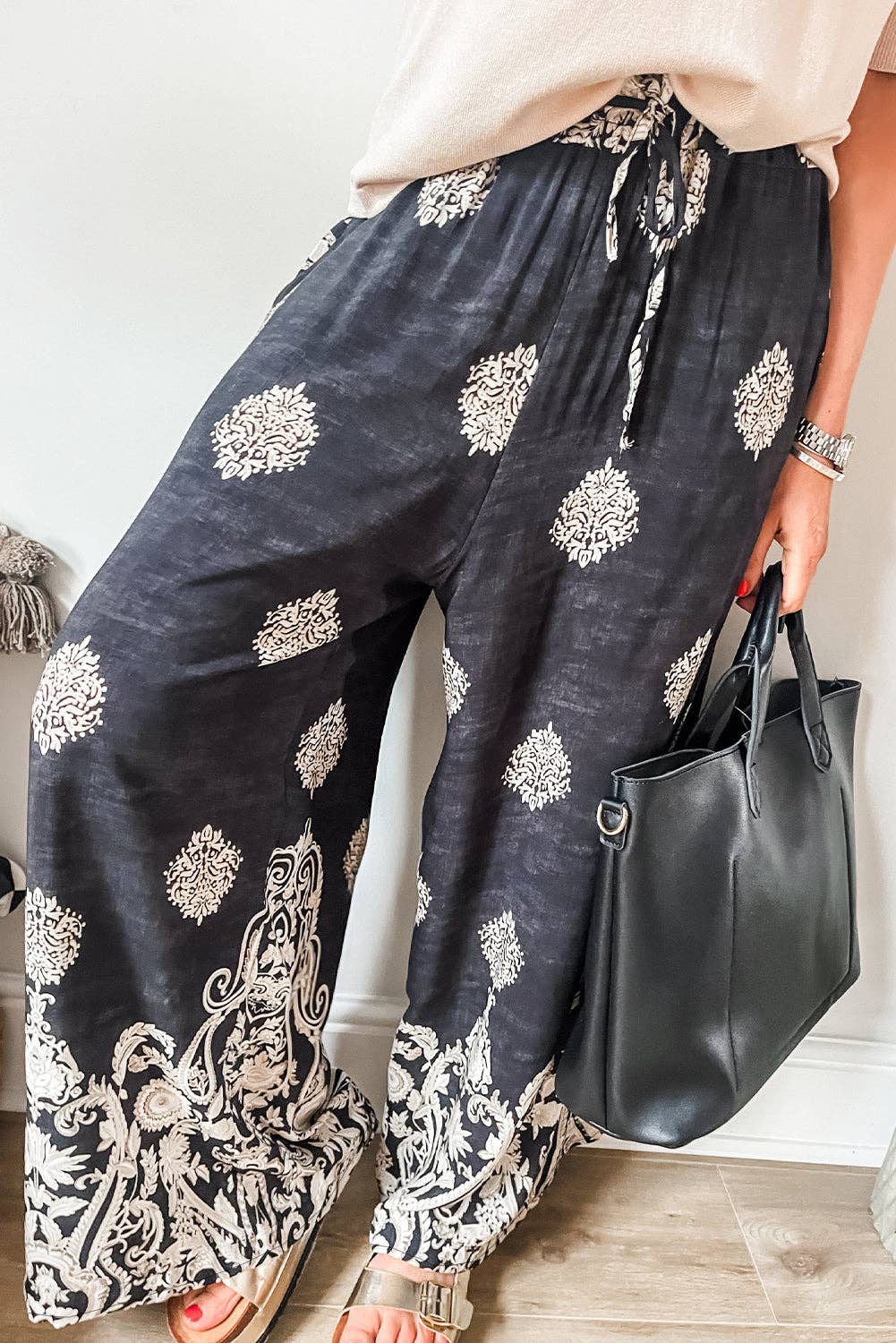 Boho Drawstring Waist Pants: Black