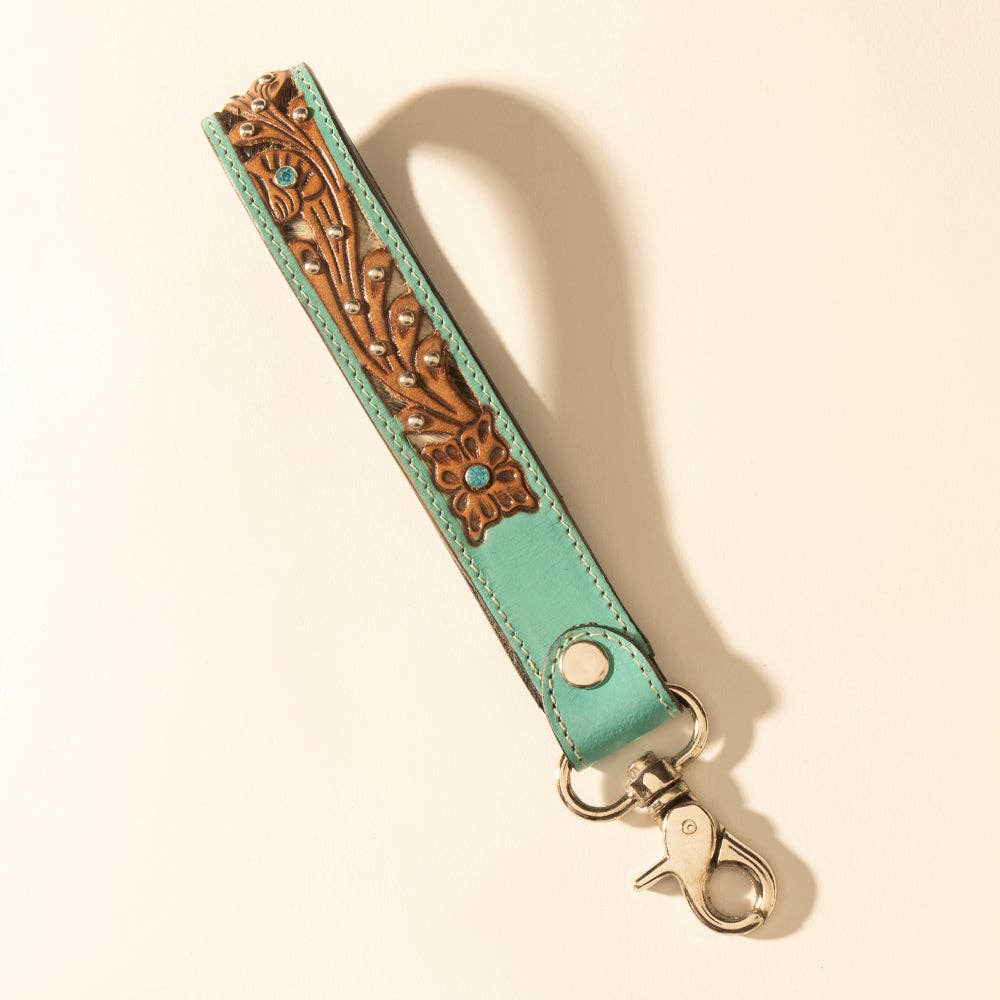 River Glen Handtooled Hairon Leather Key Fob Black/Brown/Turquoise