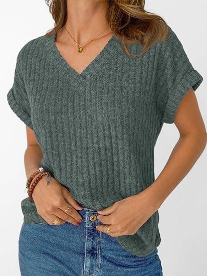 Ribbed V-Neck Short Sleeve Knit Top: Green