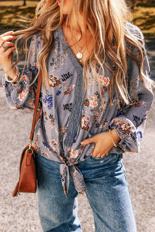 Floral Print Lace Patchwork Knot Front V Neck Blouse: Sky Blue