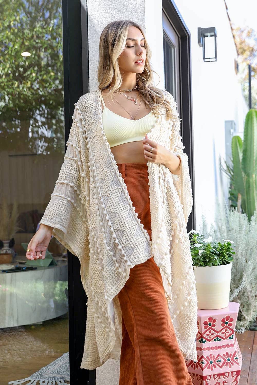 Boho Zig Zag Pattern Kimono: Cream